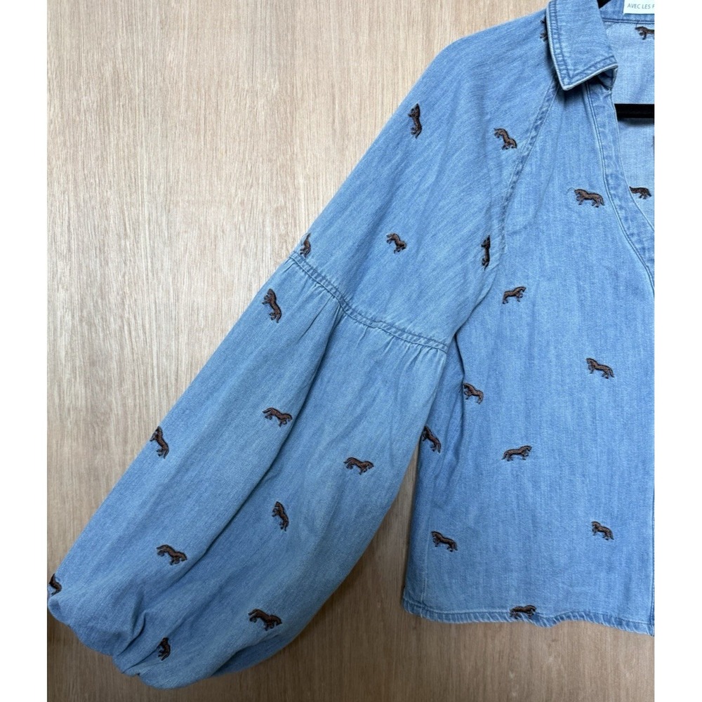 Avec Les Filles Women's Brown Horse Embroidered Chambray Shirt Size XS NEW - Picture 5 of 9